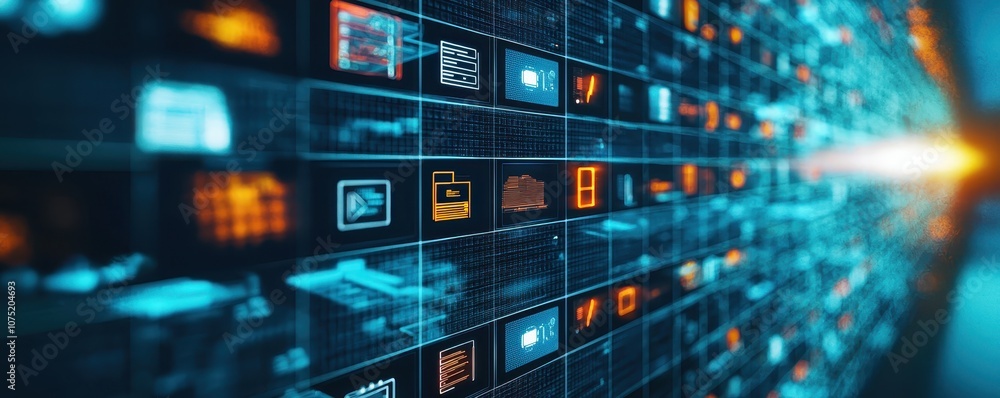 A futuristic digital interface displaying various screens and data visualizations in vibrant colors. A futuristic digital interface displaying various screens and data visualizations in vibrant colors.