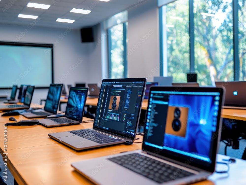A modern classroom with several laptops on tables, bright windows, and a projector, ideal for digital learning and collaboration. A modern classroom with several laptops on tables, bright windows, and a projector, ideal for digital learning and collaboration.