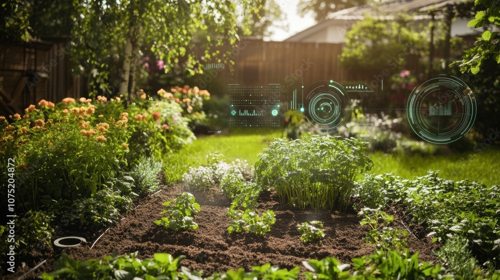 Naklejka premium This garden features advanced soil sensors and automated sprinklers maintaining healthy plants in a flourishing outdoor environment. Generative AI