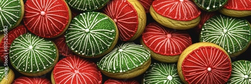 A colorful assortment of festive cookies decorated in red and green icing.