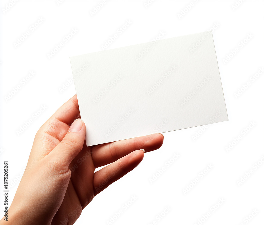 Close-up of hands holding a blank business card on a white background Close-up of hands holding a blank business card on a white background