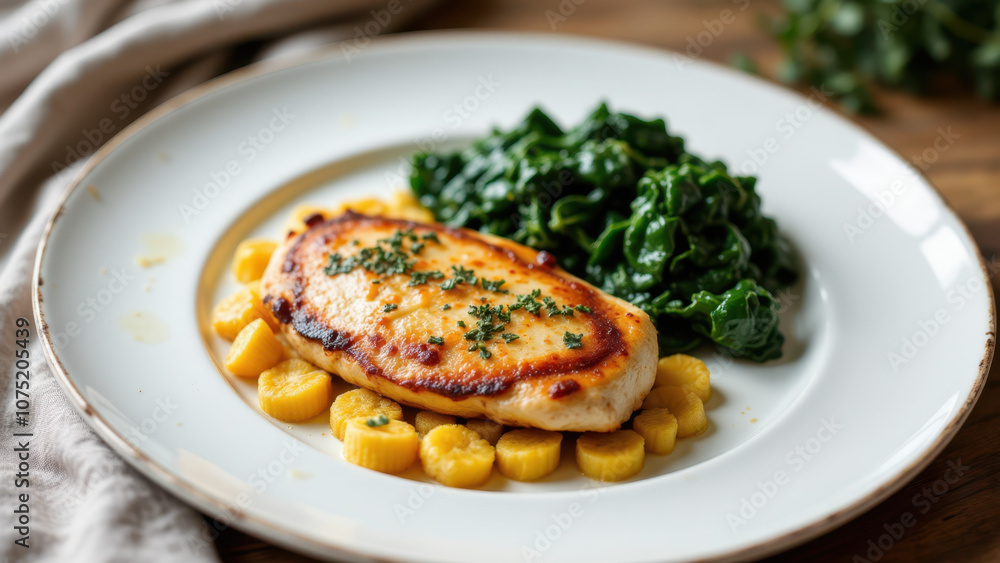 A plate with Mary's chicken breast served over corn and spinach on a wooden table with a white bowl. A plate with Mary's chicken breast served over corn and spinach on a wooden table with a white bowl.