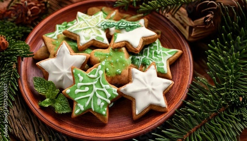 Biscoitos de Natal Decorados com Glacê em Prato Rústico close-up photo