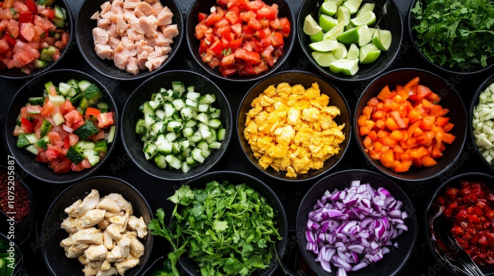 Colorful Taco Bar with Fresh Toppings Displayed Colorful Taco Bar with Fresh Toppings Displayed