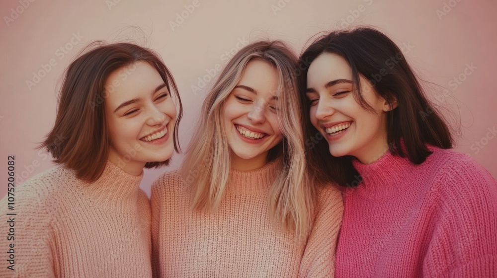 Friends smiling in sweaters, standing by a pastel wall, soft light, Friends smiling in sweaters, standing by a pastel wall, soft light,
