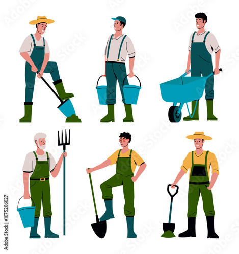 Cartoon countryside people. Farmer male characters. Buckets, shovel and wheelbarrow. Happy boy with equipment for working on farm and in garden. Vector cartoon flat isolated illustration