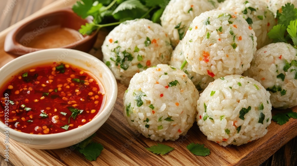 Delicious and Flavorful Rice Balls with Fresh Herbs and Spicy Sauce on a Wooden Platter, Capturing the Essence of Asian Cuisine and Culinary Delight Delicious and Flavorful Rice Balls with Fresh Herbs and Spicy Sauce on a Wooden Platter, Capturing the Essence of Asian Cuisine and Culinary Delight