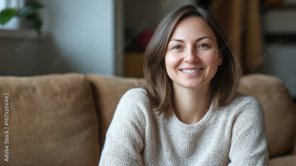 Woman in light sweater on brown sofa, smiling, indoor with daylight, minimal background, Woman in light sweater on brown sofa, smiling, indoor with daylight, minimal background,