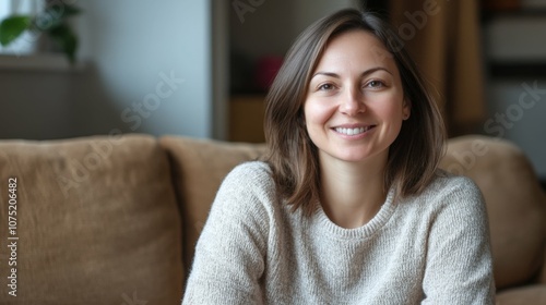 Wallpaper Mural Woman in light sweater on brown sofa, smiling, indoor with daylight, minimal background, Torontodigital.ca