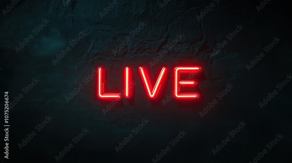 Neon sign glowing brightly with word LIVE in red against dark background, creating vibrant and energetic atmosphere Neon sign glowing brightly with word LIVE in red against dark background, creating vibrant and energetic atmosphere