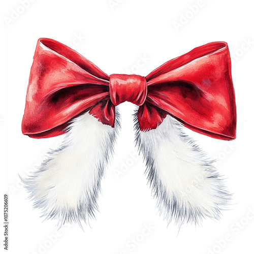 Watercolor painted illustration of a cute red Santa bow with white fur, isolated on a white background