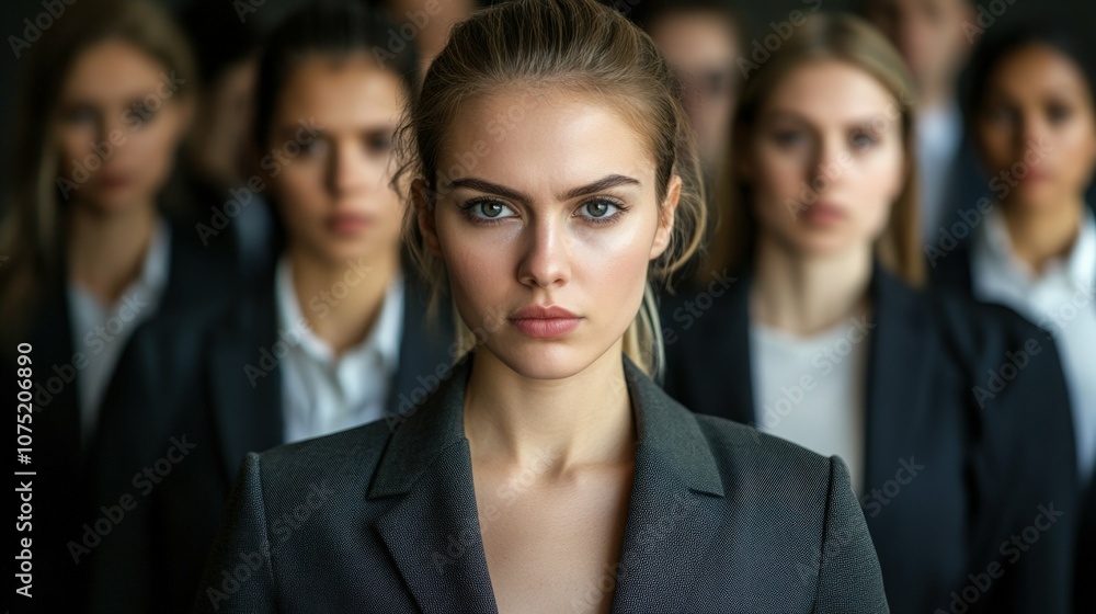 Serious woman in a business suit standing against the background of an office meeting Serious woman in a business suit standing against the background of an office meeting