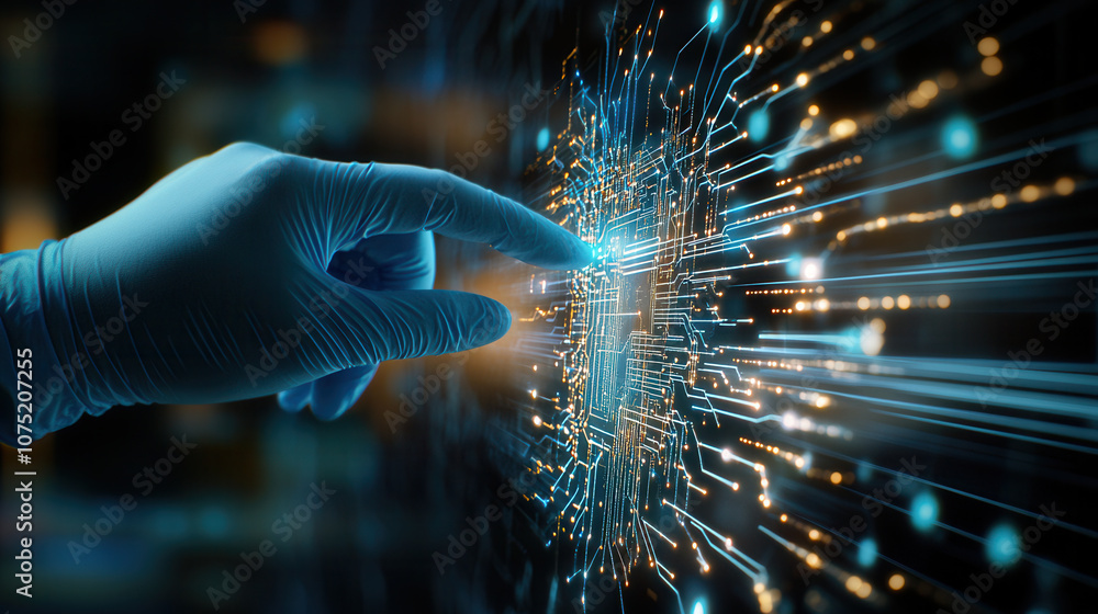 hand in blue gloves interacts with digital microprocessor, showcasing technology and innovation. glowing circuits symbolize advanced computing hand in blue gloves interacts with digital microprocessor, showcasing technology and innovation. glowing circuits symbolize advanced computing