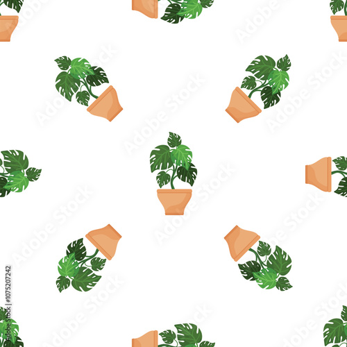 Seamless pattern of monstera deliciosa plants growing in terracotta pots, creating a repetitive design ideal for nature inspired backgrounds and botanical themes photo