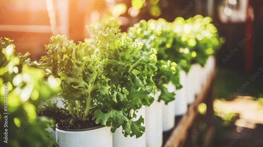 Fresh green lettuce growing in white pots under sunlight, showcasing vibrant leaves and healthy growth in garden setting Fresh green lettuce growing in white pots under sunlight, showcasing vibrant leaves and healthy growth in garden setting