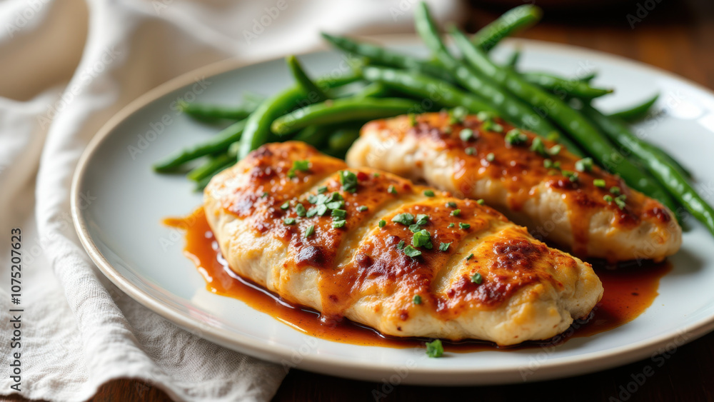 Juicy chicken breasts topped with melted cheese on a plate accompanied by green beans and sauce. Juicy chicken breasts topped with melted cheese on a plate accompanied by green beans and sauce.
