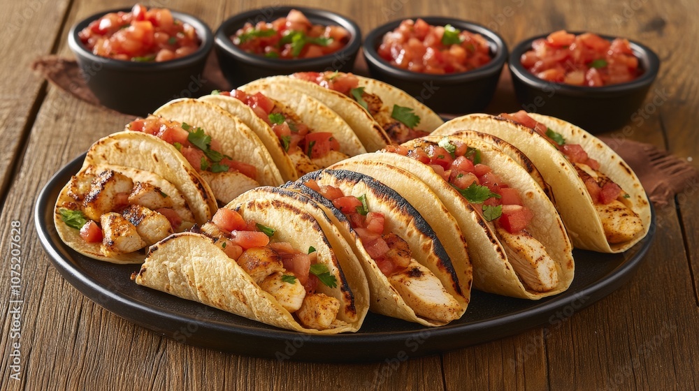Delicious Tacos on Rustic Wooden Table with Fresh Ingredients Delicious Tacos on Rustic Wooden Table with Fresh Ingredients