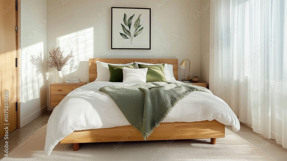 Naklejka premium Cozy modern farmhouse bedroom with natural light, oak bed frame, crisp white bedding, and sage accents. Light wood and greenery bring a refreshing, serene feel.