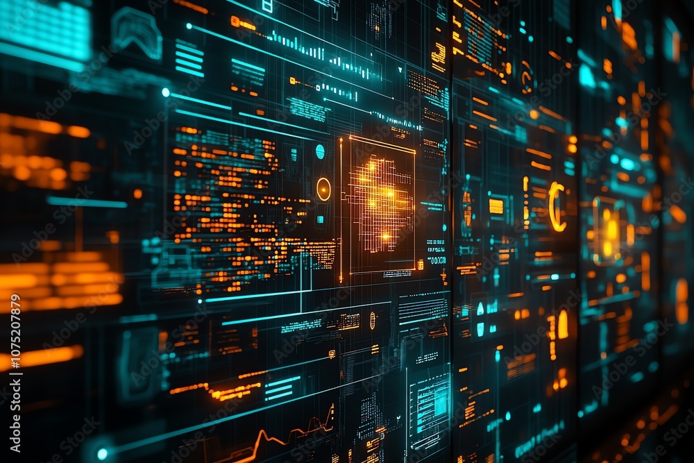Futuristic digital interface with glowing orange and blue data streams and various icons. Futuristic digital interface with glowing orange and blue data streams and various icons.
