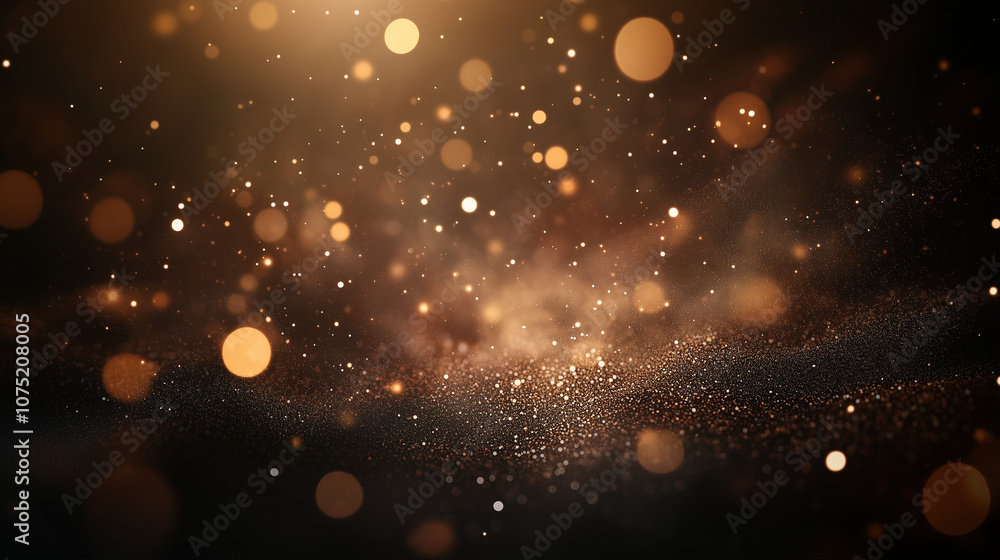 Fototapeta premium Luxurious abstract background featuring golden bokeh lights against a dark backdrop, glittering light particles, and shimmering stars, evoking a festive atmosphere perfect for Christmas or birthday ce