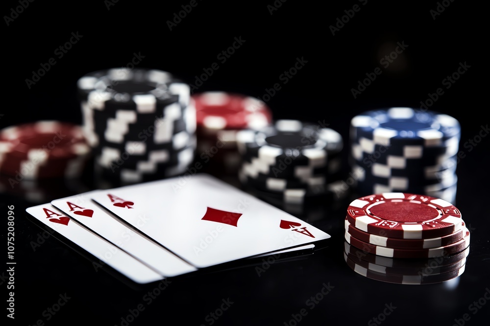 Obraz premium A vibrant poker scene with stacks of colorful chips and a winning hand of aces on a table. The image captures the thrill of high-stakes gambling and strategic card play.