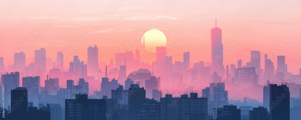 Fototapeta premium A serene city skyline at sunset, with towering skyscrapers silhouetted against a colorful sky of pink and orange hues.