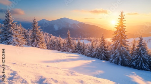 Wallpaper Mural A breathtaking winter sunset over a snowy mountain range, casting long shadows from snow-covered fir trees. Torontodigital.ca