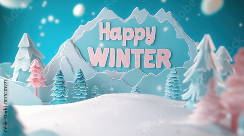 Wallpaper Mural "Happy WINTER" text with paper-cut mountains and snow-covered trees in a comic book layout. Torontodigital.ca