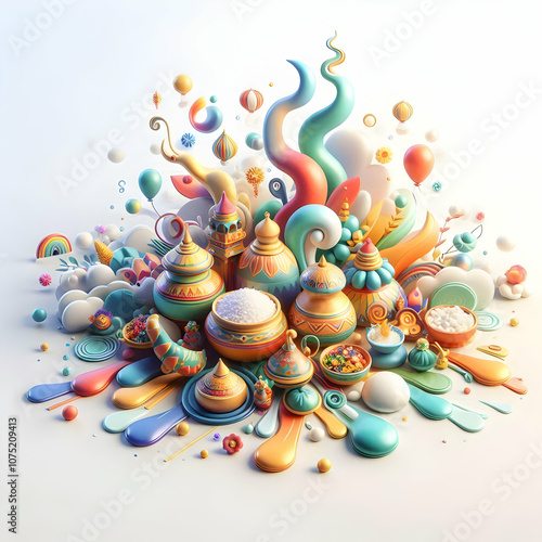 3D Soft Abstract Digital Art Pongal Traditions Flowing Colors Cultural Symbols Festive Joy Magazine Advertisement Copy Space Icon Isolated White Background