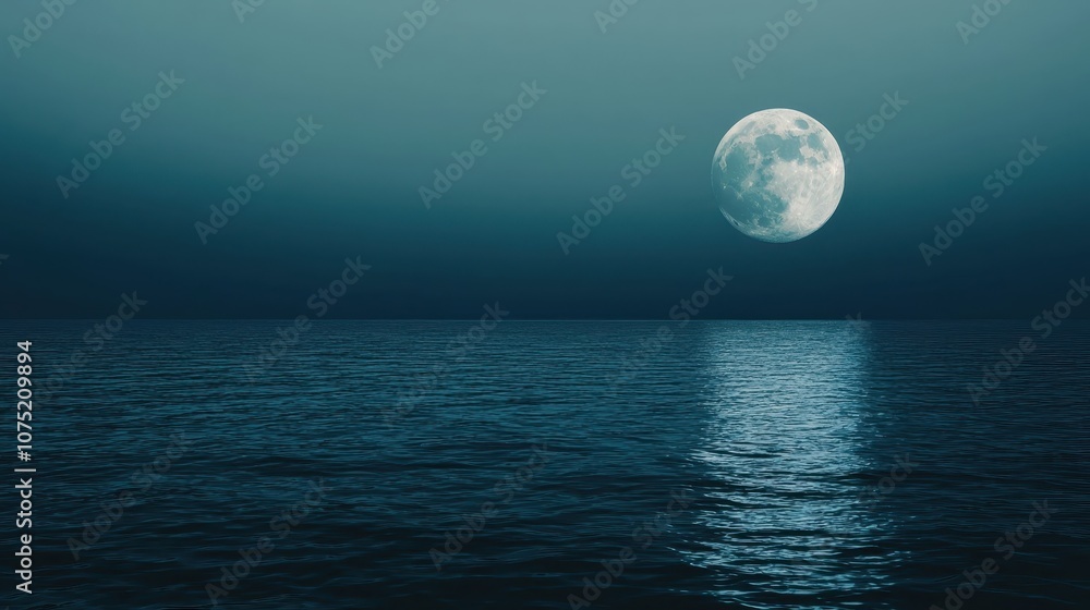 A serene night scene featuring a full moon reflecting on calm ocean waters, enveloped in a tranquil blue atmosphere. A serene night scene featuring a full moon reflecting on calm ocean waters, enveloped in a tranquil blue atmosphere.