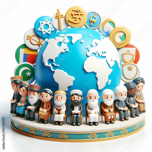 3D World Religion Day Panel Discussion Religious Leaders Harmony Unity Diverse Backgrounds Copy Space 3D Icon Isolated White Background Event Concept