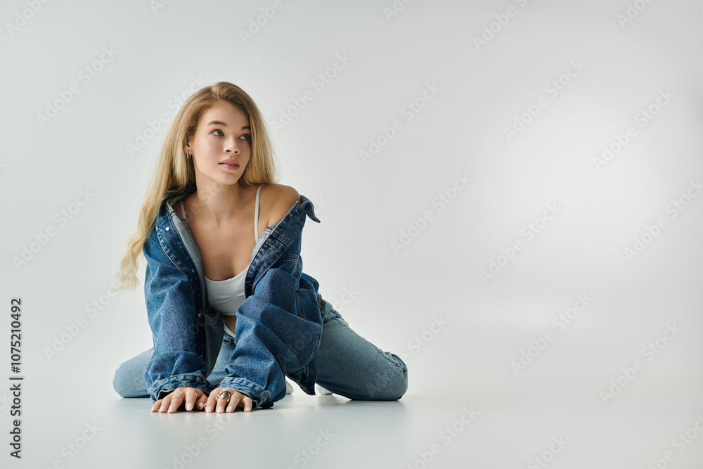 A young woman with flowing hair expresses confidence while sitting in a stylish pose. A young woman with flowing hair expresses confidence while sitting in a stylish pose.