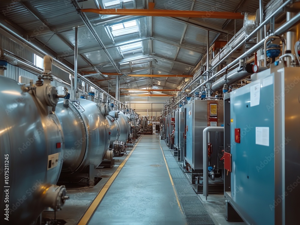 Obraz premium Interior of a large industrial facility with rows of stainless steel tanks and pipes.