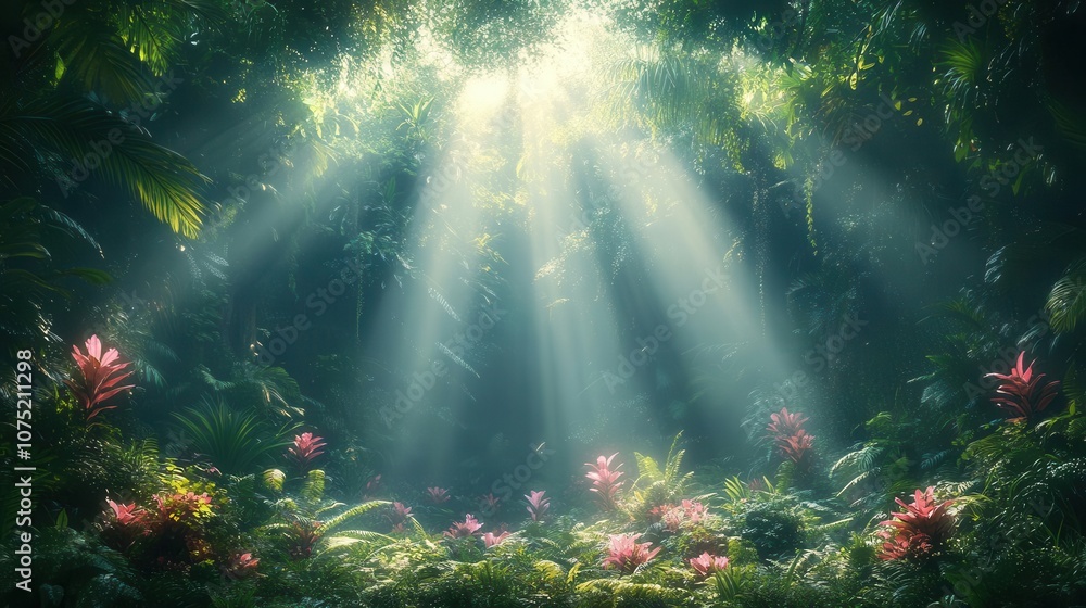 Obraz premium sunlight filtering through the dense canopy of a lush rainforest, casting ethereal beams onto vibrant tropical foliage, creating a serene and enchanting atmosphere that celebrates the beauty of nature