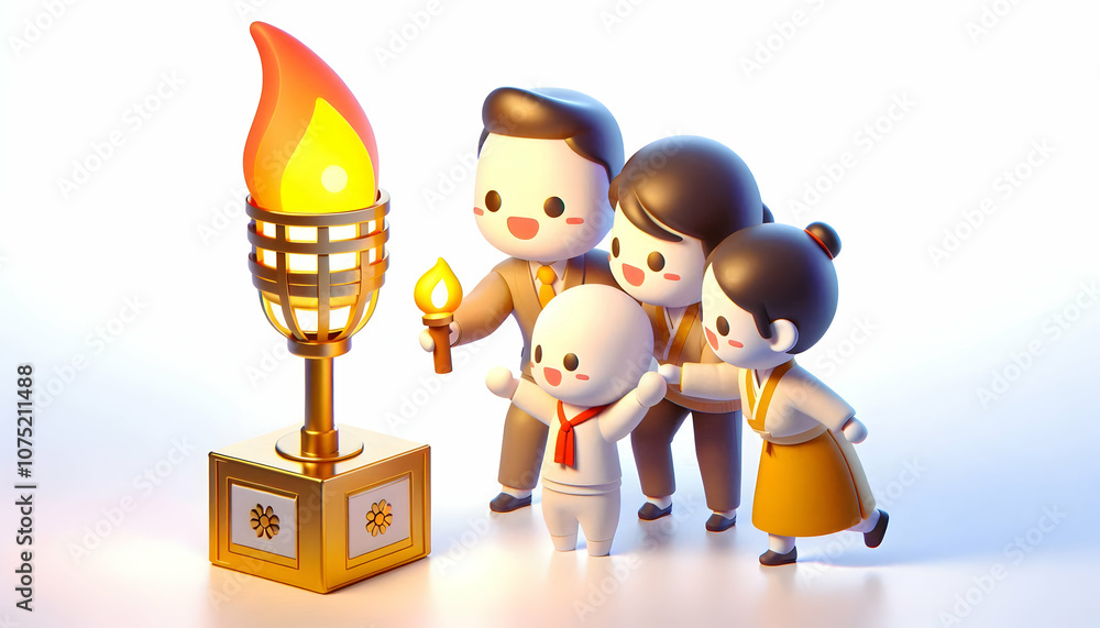 Fototapeta premium 3D Candid Family Lighting Bokjori Korean New Year Torch Seollal Action Tradition Illumination Hope Cultural Pride Ample Copy Space Icon Isolated White Background