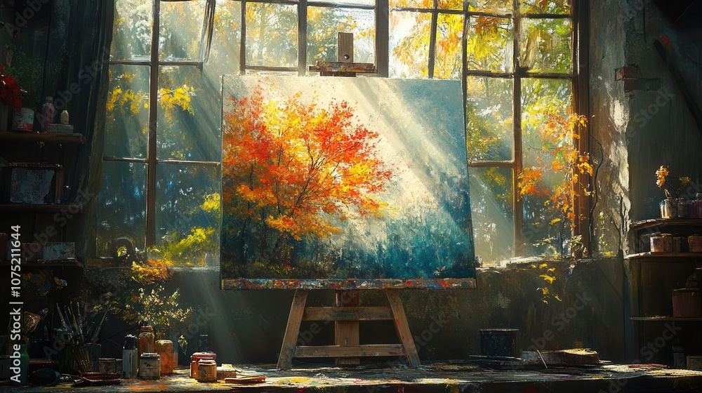 sunlight streaming through a large window onto an artist's canvas, illuminating vibrant colors and textures, creating an inspiring atmosphere for creativity and artistic expression sunlight streaming through a large window onto an artist's canvas, illuminating vibrant colors and textures, creating an inspiring atmosphere for creativity and artistic expression