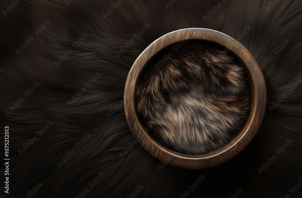 Fototapeta premium A circular wooden bowl filled with soft fur, resting on dark, textured background