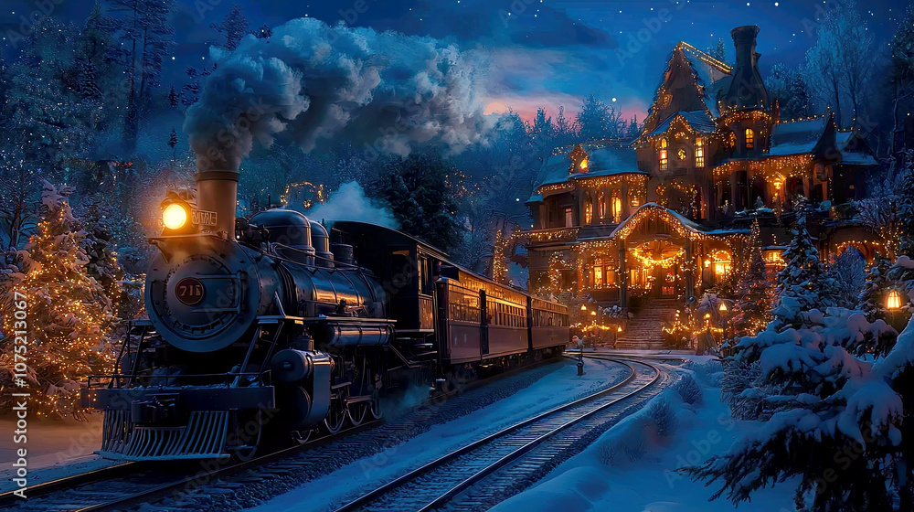 A classic steam train moves along snow-covered tracks, illuminated by warm lights from an elegantly decorated house nearby, creating a magical holiday atmosphere. A classic steam train moves along snow-covered tracks, illuminated by warm lights from an elegantly decorated house nearby, creating a magical holiday atmosphere.
