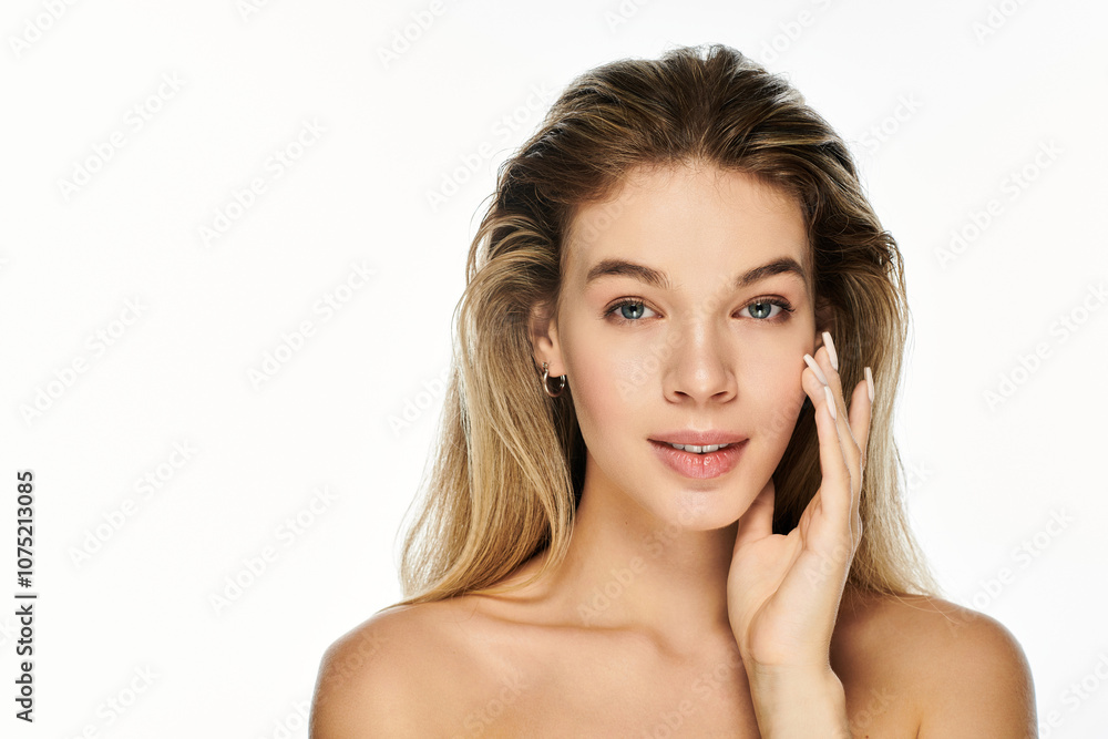 A young woman gently touches her face, showcasing radiant skin and natural beauty. A young woman gently touches her face, showcasing radiant skin and natural beauty.