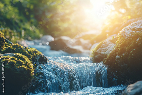 Close-up of flowing water in the rocks, with sunlight, mossy stones