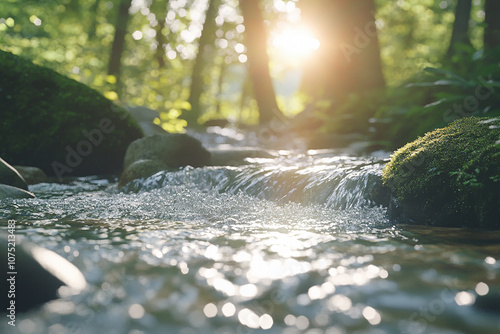 Close-up of flowing water in the rocks, with sunlight, mossy stones