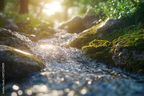 Obraz na plátně Close-up of flowing water in the rocks, with sunlight, mossy stones