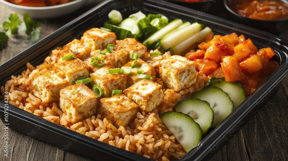 Delicious Asian Cuisine Meal with Fried Rice, Tofu, Fresh Vegetables, and Sweet Sauce Served in a Black Takeout Container on a Rustic Wooden Table Delicious Asian Cuisine Meal with Fried Rice, Tofu, Fresh Vegetables, and Sweet Sauce Served in a Black Takeout Container on a Rustic Wooden Table