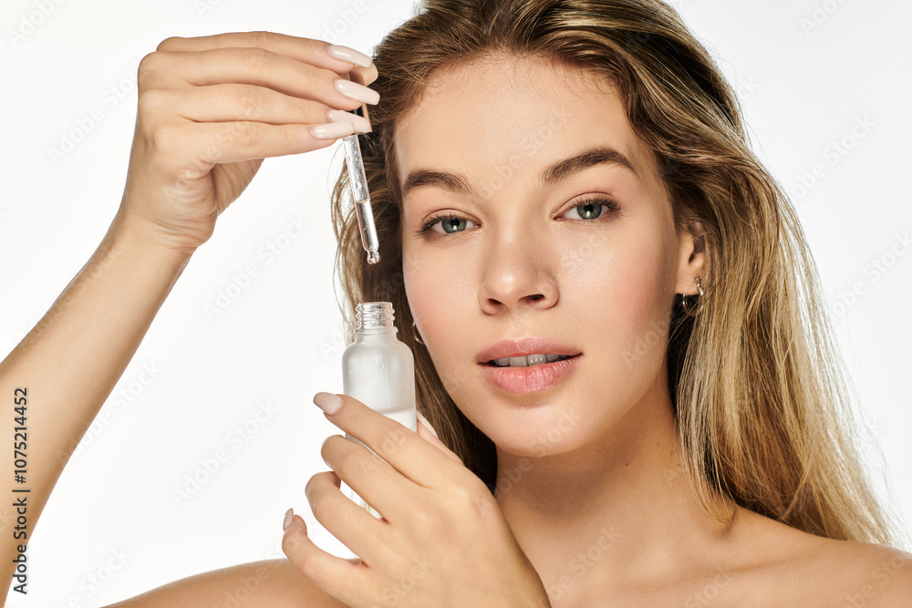 Fototapeta premium A young woman with radiant skin carefully applies a serum, embodying freshness and vitality.
