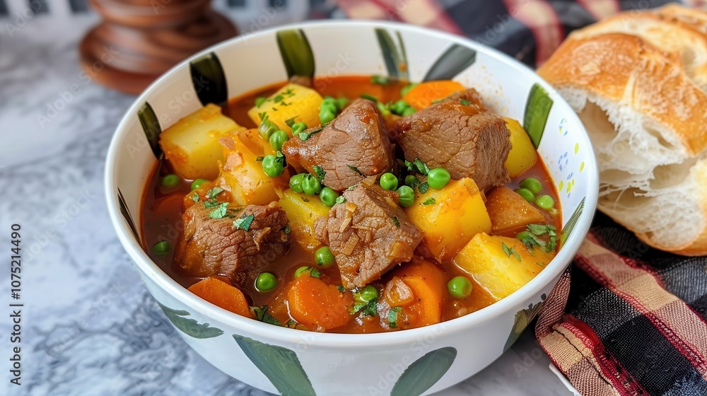 Halal food ingredients cooking. Hearty beef stew with vegetables served in a decorative bowl, accompanied by fresh bread, showcasing a vibrant and inviting meal. Halal food ingredients cooking. Hearty beef stew with vegetables served in a decorative bowl, accompanied by fresh bread, showcasing a vibrant and inviting meal.