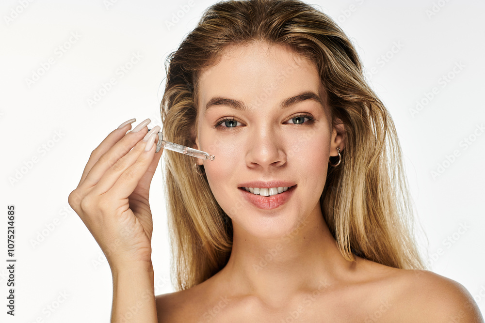 A young woman smiles confidently while applying a skin serum to enhance her natural beauty. A young woman smiles confidently while applying a skin serum to enhance her natural beauty.