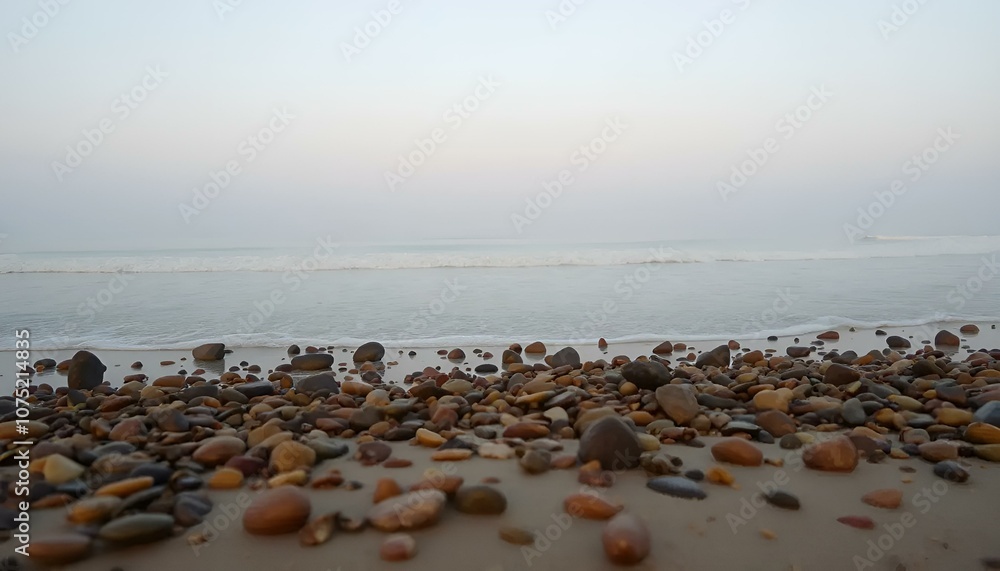 Serene beach landscape with smooth pebbles at the shore, calm waves and soft pastel sky, tranquil nature scene Serene beach landscape with smooth pebbles at the shore, calm waves and soft pastel sky, tranquil nature scene