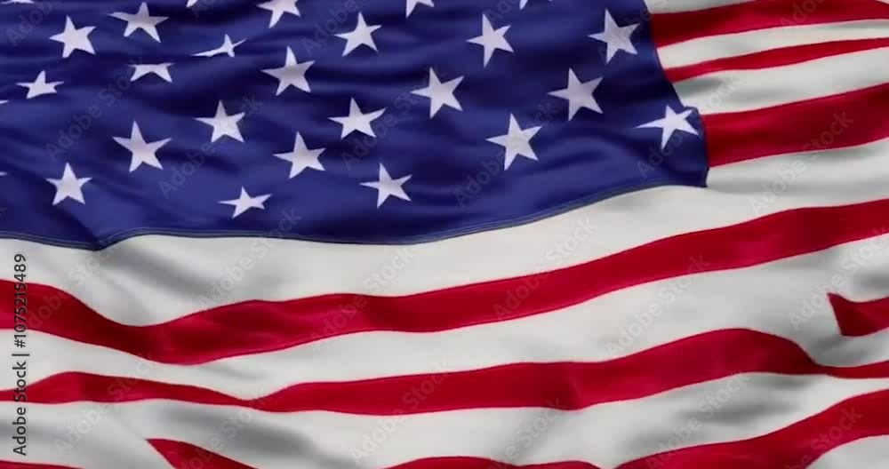 The close-up American flag waves gracefully in the wind, showcasing its bold red, white, and blue hues against a bright, cloudless sky. Veterans day Independence day Memorial day Patriot day USA flag The close-up American flag waves gracefully in the wind, showcasing its bold red, white, and blue hues against a bright, cloudless sky. Veterans day Independence day Memorial day Patriot day USA flag