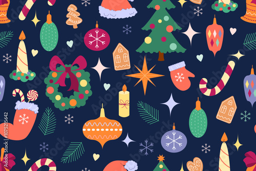 Seamless pattern with elements of Christmas and New Year decor. Christmas tree, candles, gingerbread, heart, Christmas tree decorations, snowflakes on a dark blue background. Vector