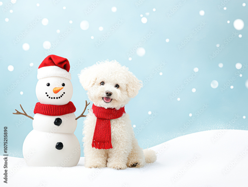 A white dog is sitting next to a snowman wearing a red scarf A white dog is sitting next to a snowman wearing a red scarf